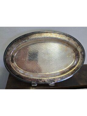 Vintage Sheffield Design 12.5" Hammered Oval Silver Plated Serving Tray